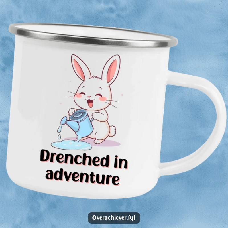 Funny energetic rabbit camping mug, exuberantly watering a tiny, overflowing watering can in nature.