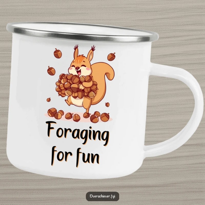 Funny motivated squirrel camping mug, juggling an impossibly large pile of acorns in a forest setting.