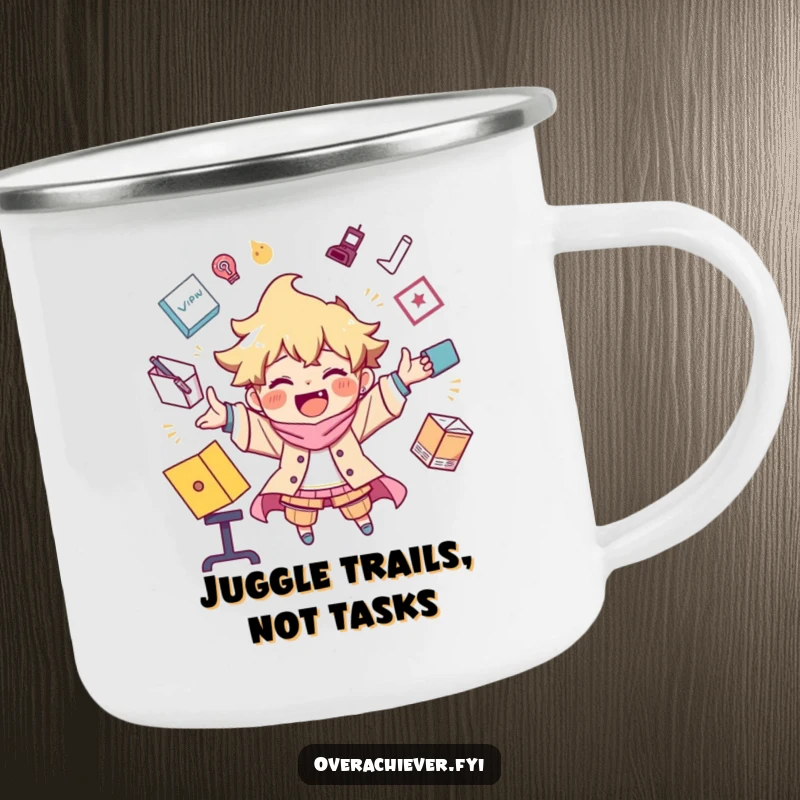 Funny camping mug featuring a character joyfully juggling an extreme number of tasks, ready for any adventure.