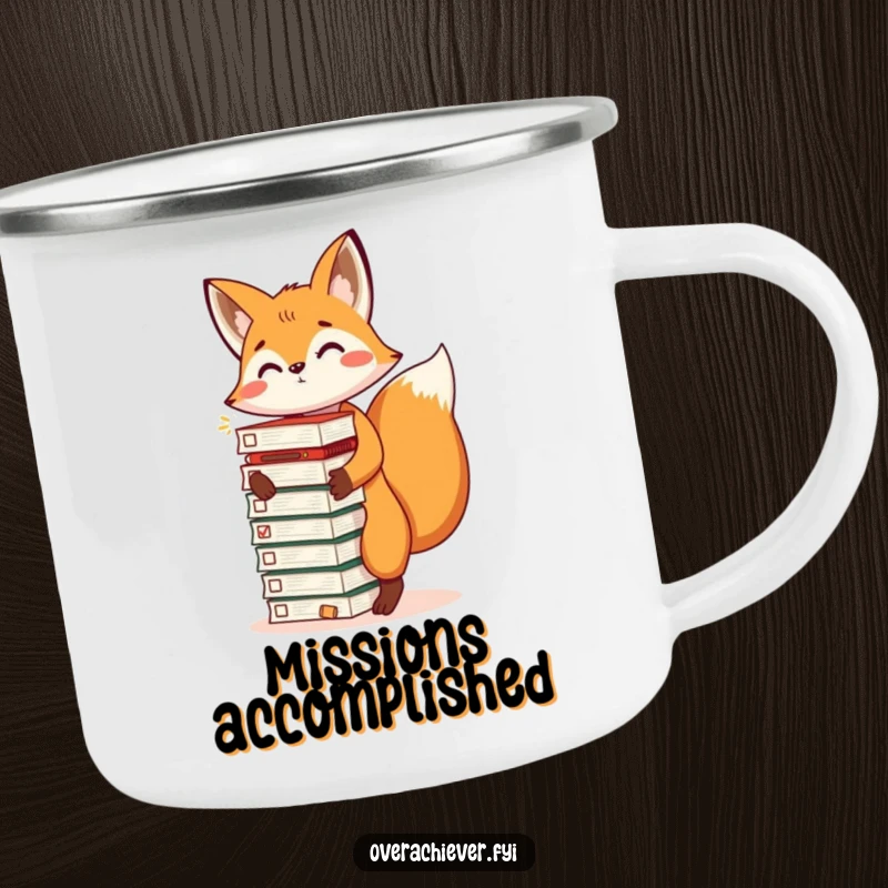 Funny camping mug featuring an energetic fox balancing a stack of completed task lists, perfect for outdoor humor and a great funny gift.