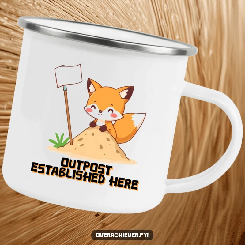 Funny fox character planting an enormous flag into a tiny mound of dirt, as a sturdy camping mug, for hilarious adventures.