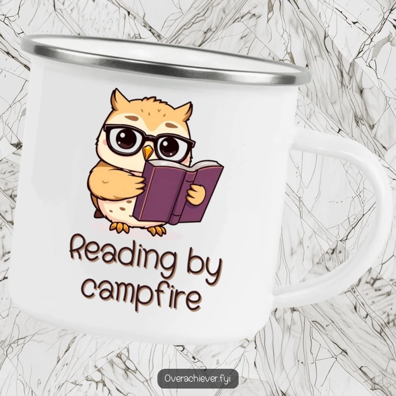 Funny camping mug art: A cute owl wearing spectacles reads a large book, embodying outdoor wisdom and humorous study.