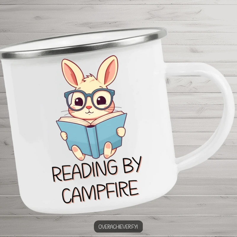 Funny camping mug with a cute rabbit wearing oversized spectacles, diligently reading a giant book, perfect for outdoor reading enthusiasts.