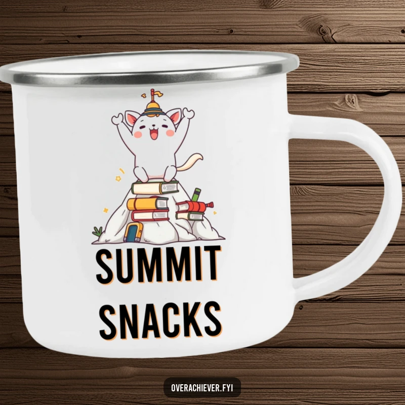 Funny camping mug with a celebrating animal character on a mountain of tasks, a durable and motivational outdoor accessory.