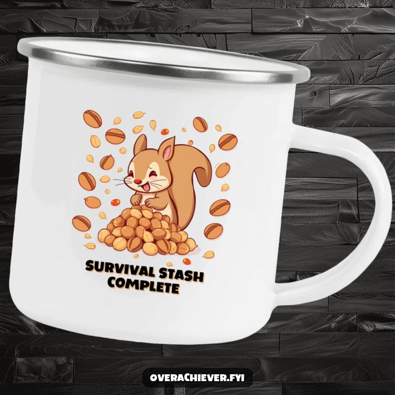 Funny camping mug featuring a hyperactive squirrel with an impossibly large pile of nuts, perfect for outdoor humor and a great funny gift.
