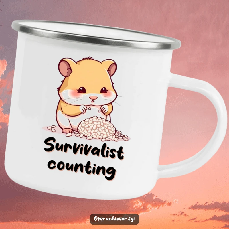 Funny determined hamster counting a single grain of rice on a camping mug, adding humor to outdoor focus.