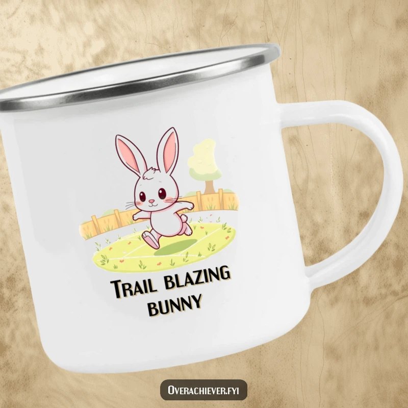 Funny rabbit camping mug featuring a determined character running endless laps, durable and humorous for outdoor use.