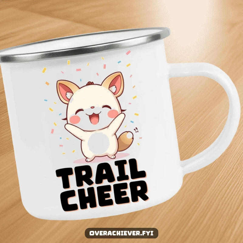 Funny camping mug with a cheering animal character and confetti, a durable and humorous outdoor accessory.