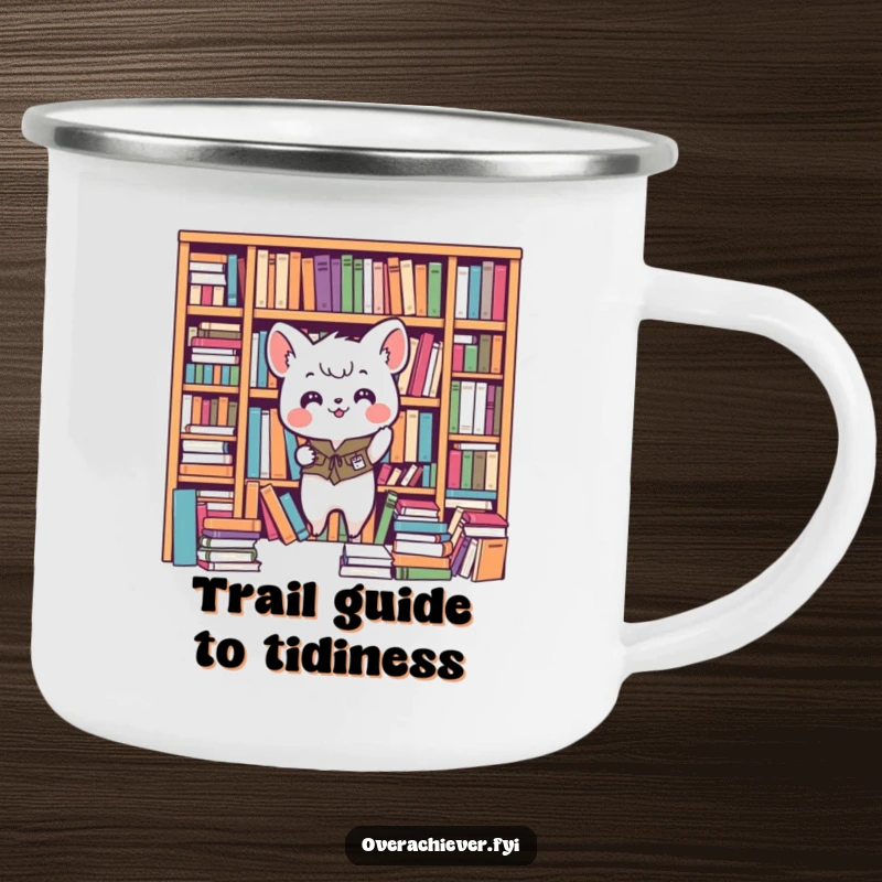 Funny animal camping mug, enthusiastically organizing a chaotic bookshelf, built for durability and bringing humor to outdoor trips. A unique adventure gift.