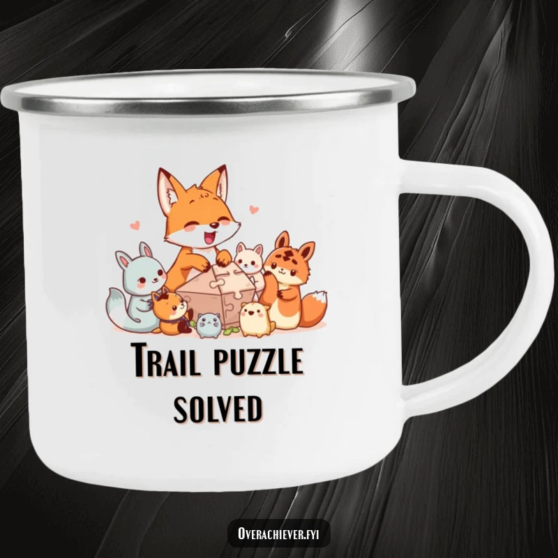 Funny camping mug art: An excited fox character assists small creatures with a complex puzzle, embodying outdoor problem-solving and fun.