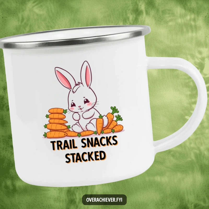 Funny Camping Mug: A focused bunny character meticulously arranging colorful carrots during an outdoor adventure, bringing funny organization.