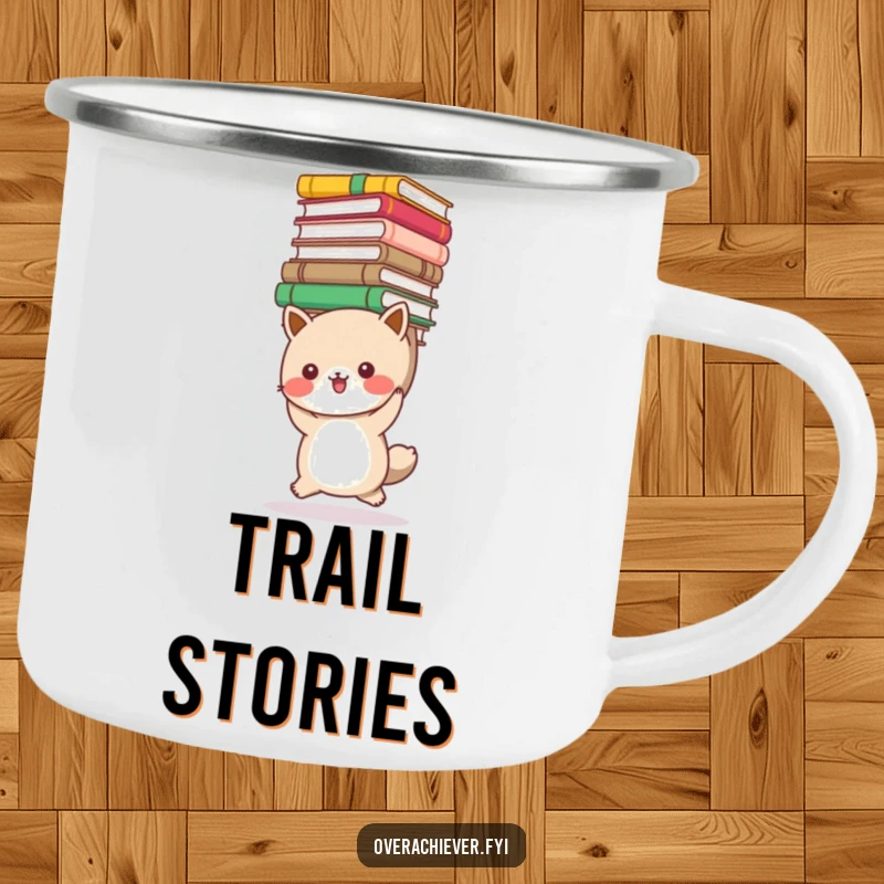 Funny bookworm animal camping mug with a cute creature carrying a large stack of books, perfect for outdoor reading. Durable and humorous drinkware.