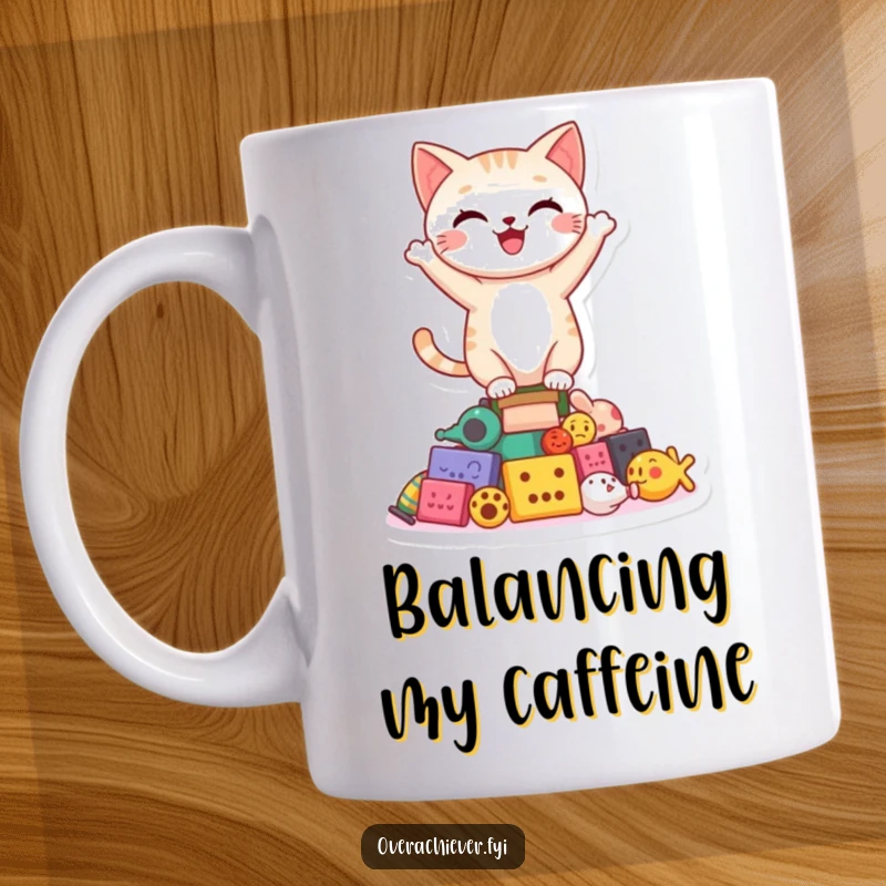 Funny happy cat character proudly balancing on a small, unsteady pile of toys on a mug, showcasing feline focus.