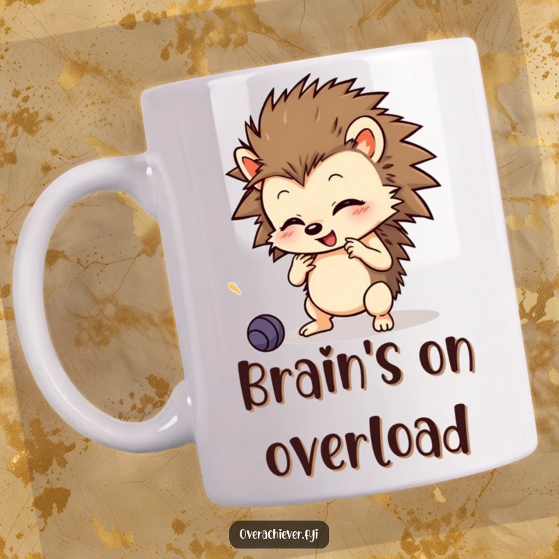 Funny Mug featuring a determined hedgehog learning many complex skills simultaneously with intense focus and energy.