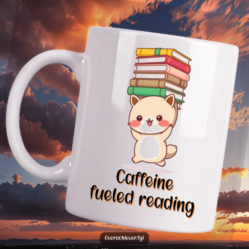 Funny bookworm animal mug with a cute creature carrying a towering stack of books, symbolizing a huge love for reading. Humorous literary gift.
