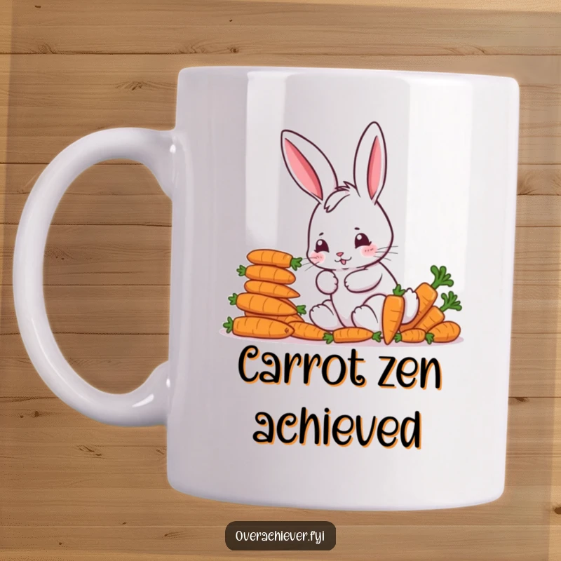 Funny Mug: A focused bunny character meticulously arranging a tall stack of vibrant, colorful carrots with great concentration.