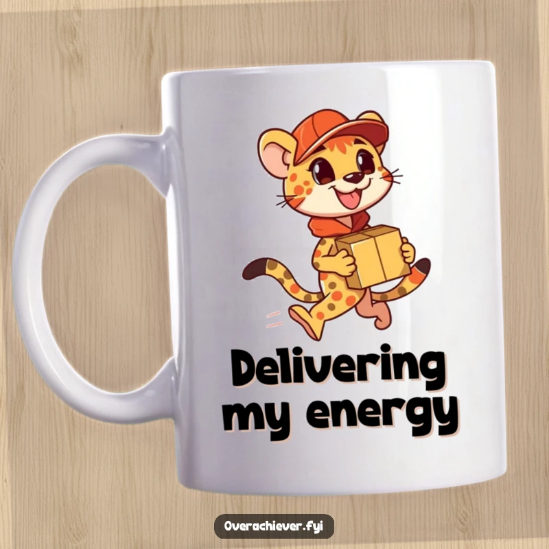 Funny Mug: A speedy cheetah character efficiently delivering an unusually large number of packages with determination.