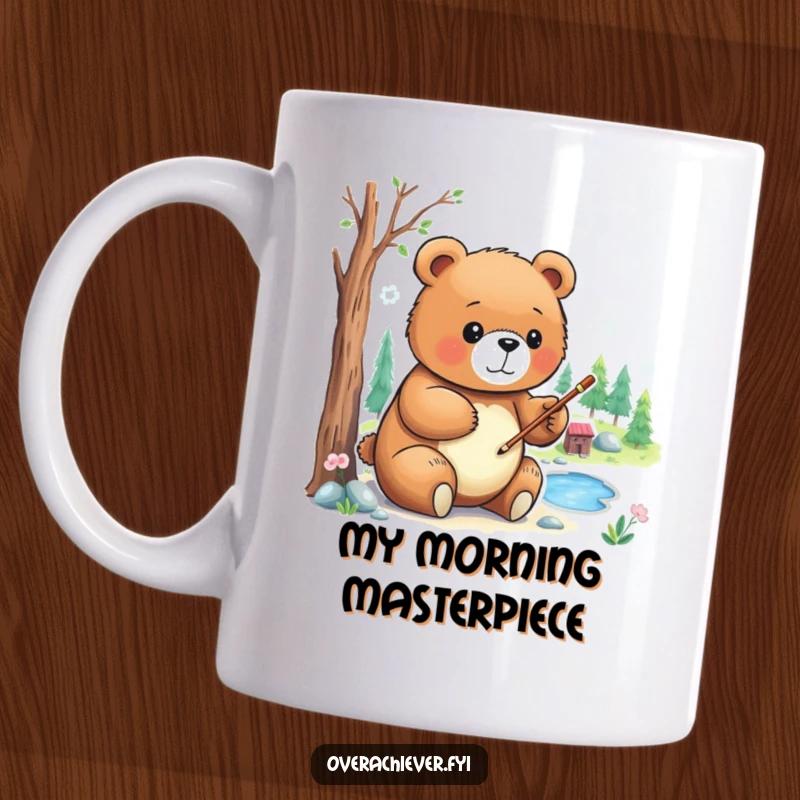 Funny Mug: A focused bear character carefully and skillfully painting a detailed miniature landscape on a tiny canvas.