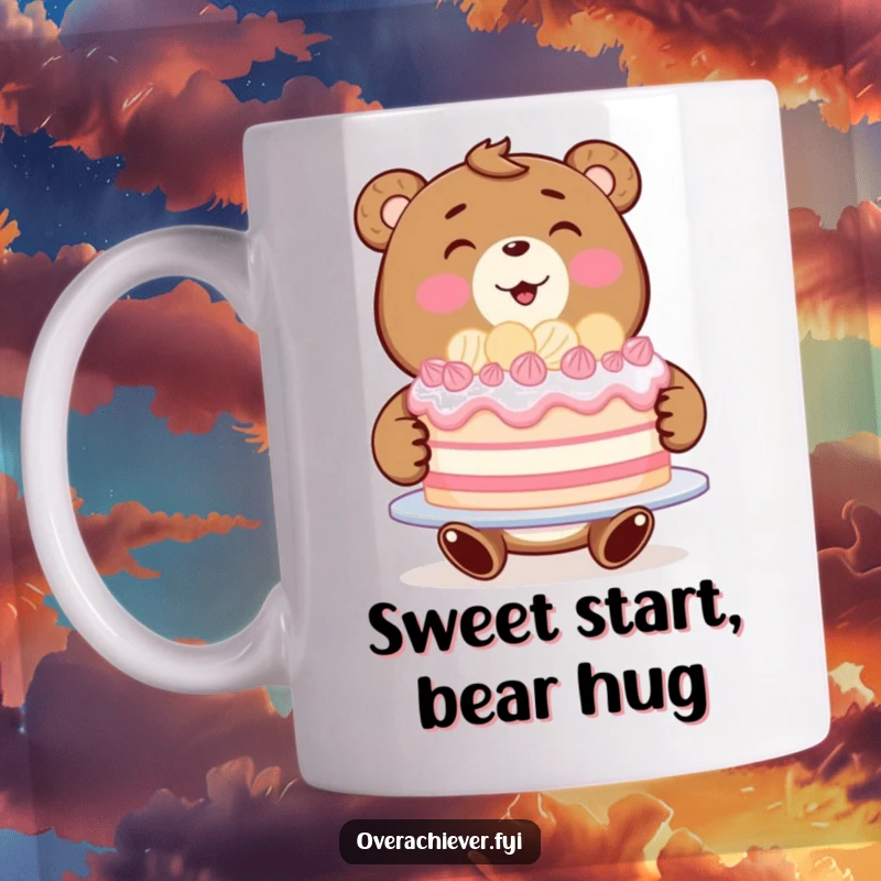 Funny bear baker mug showing a beaming bear proudly presenting a huge, perfectly decorated cake.