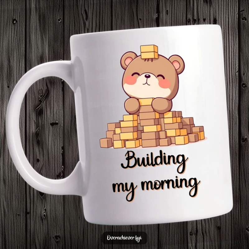 Funny mug featuring a focused bear gleefully stacking an enormous number of tiny blocks, a humorous and dedicated gift.