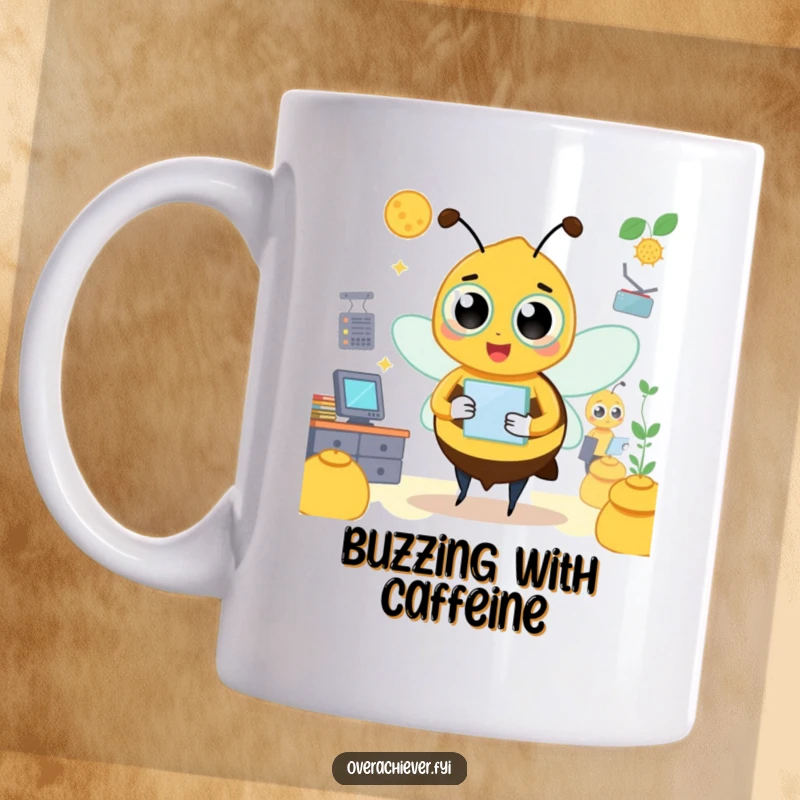 Funny bee mug with a busy character managing a hive with multiple tasks and managers, symbolizing efficiency.