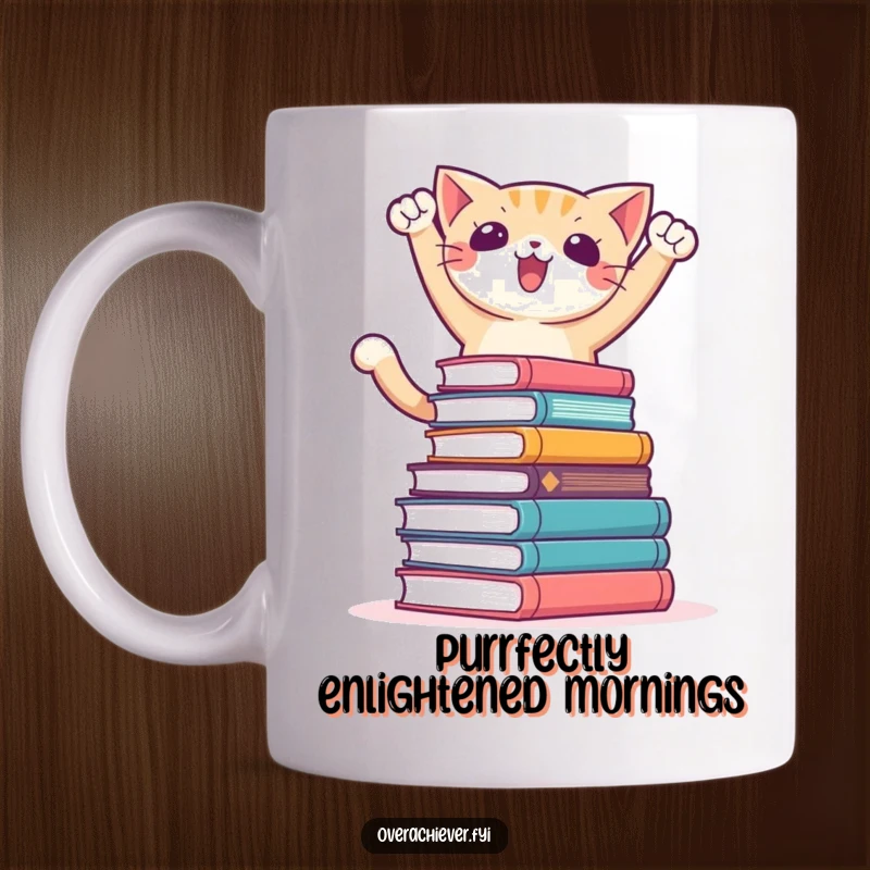 Funny mug with a determined cat character standing triumphantly atop a huge stack of books, celebrating achievement.