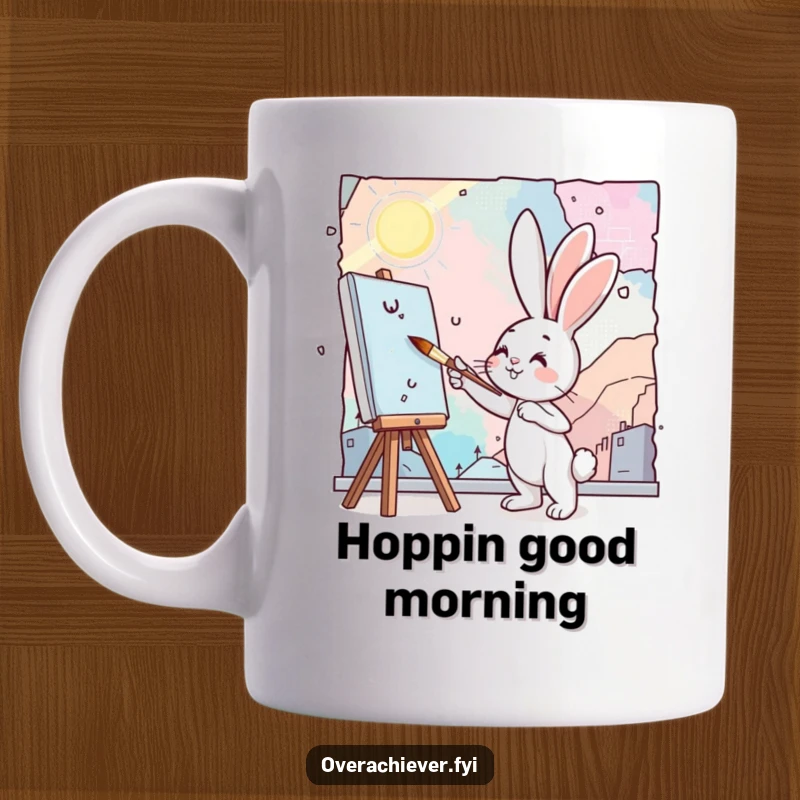 Funny bunny painting mug showing a cute bunny artist using a tiny brush to paint a massive, colorful mural.