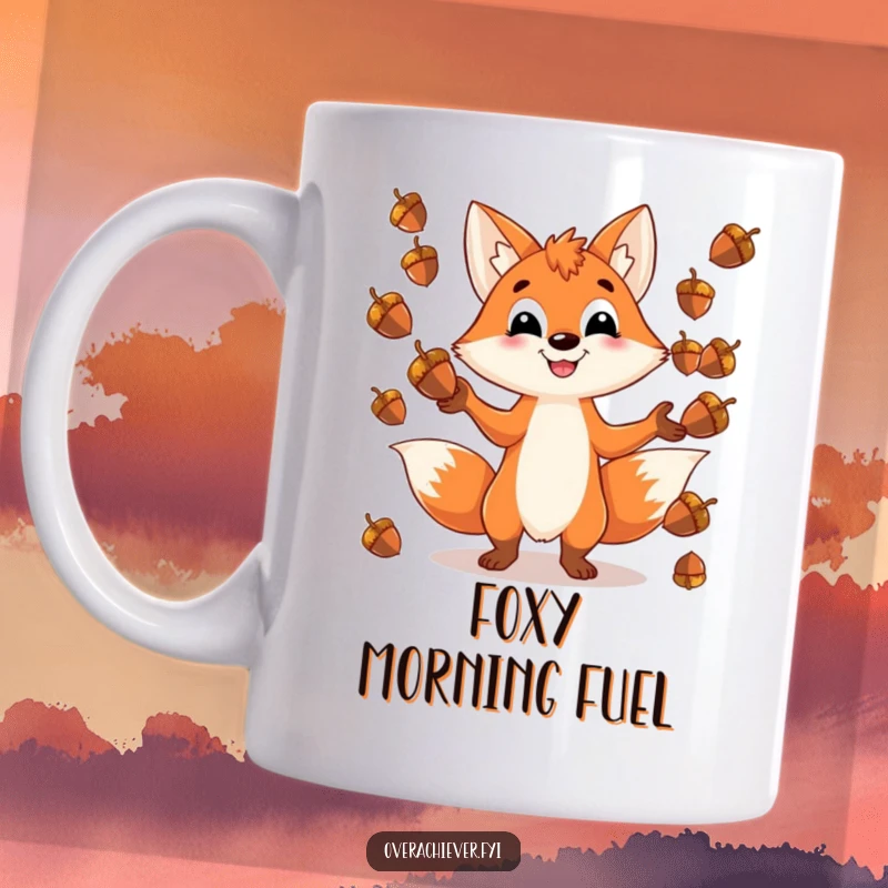 Funny mug with a playful fox character grinning while juggling an impossible number of shiny acorns, celebrating fun and skill.