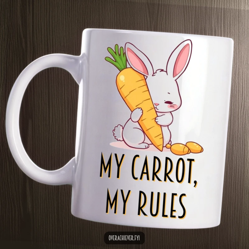 Funny mug showing a determined rabbit with a shiny, giant golden carrot, symbolizing hard work and humorous ambition for a funny gift.
