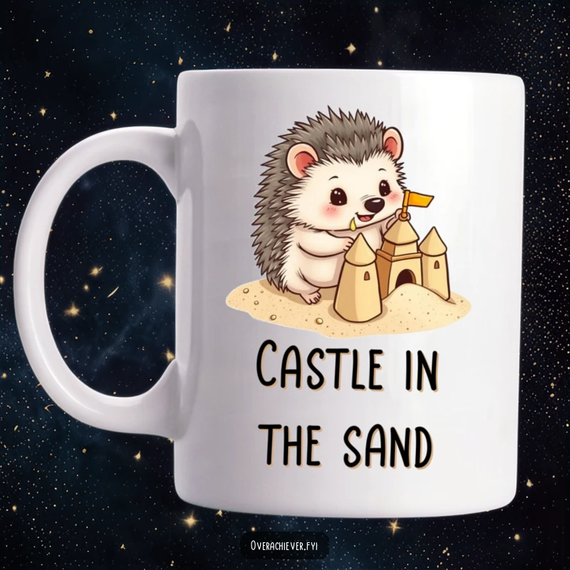 Funny Hedgehog Mug: A playful hedgehog building a miniature sandcastle with precise detail, showcasing its artistic and humorous side.