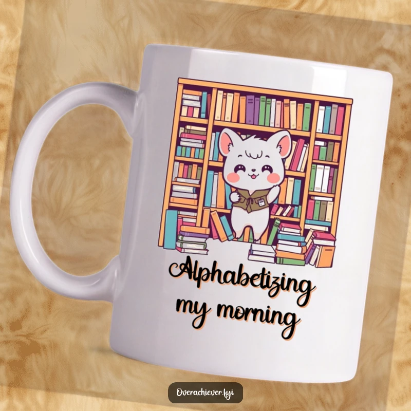 Funny small animal character mug, enthusiastically organizing a messy bookshelf into perfect order, bringing joy and tidiness. A humorous gift.