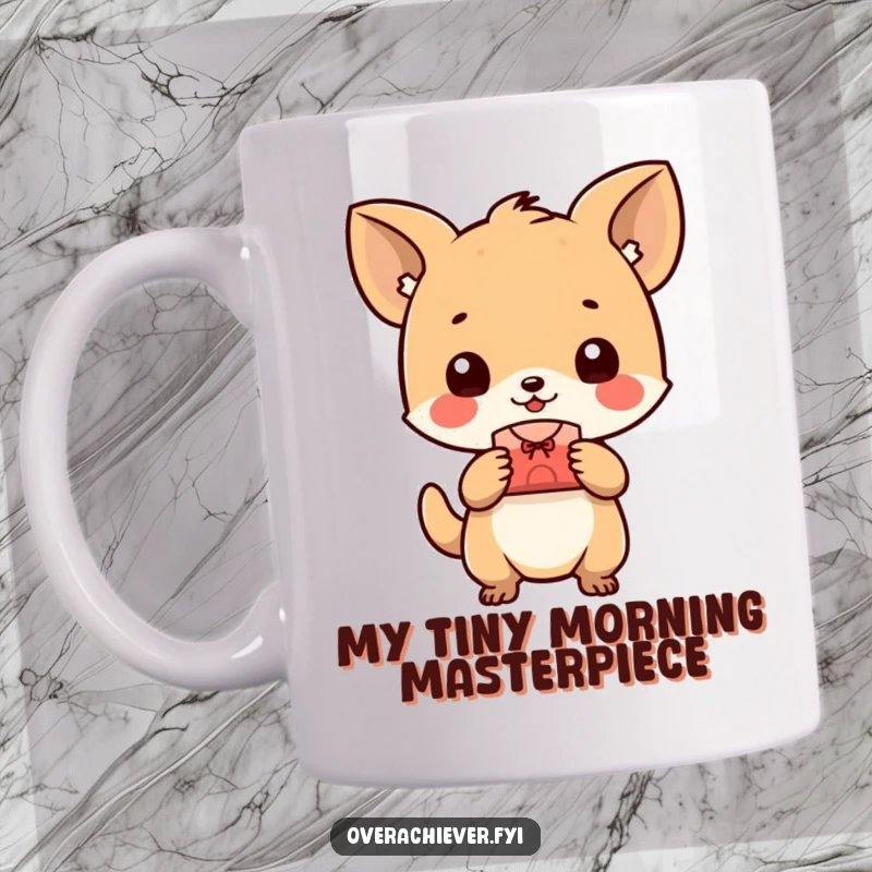 Funny tiny animal character mug, happily presenting a perfectly made small object, radiating pride and accomplishment. A humorous gift.