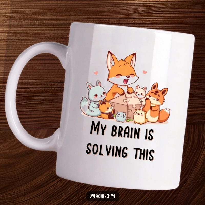 Funny mug art: An excited fox character enthusiastically assists a group of small creatures in solving a challenging, intricate puzzle.