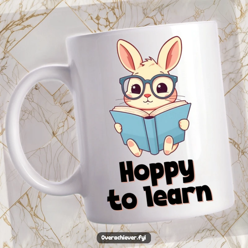 Funny mug with a cute rabbit wearing oversized spectacles, diligently reading a giant book, celebrating intellectual charm and humor.