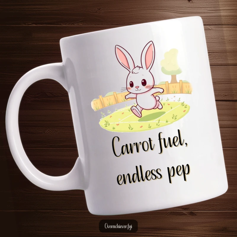 Funny rabbit mug featuring a determined character running countless laps in a field, symbolizing perseverance.