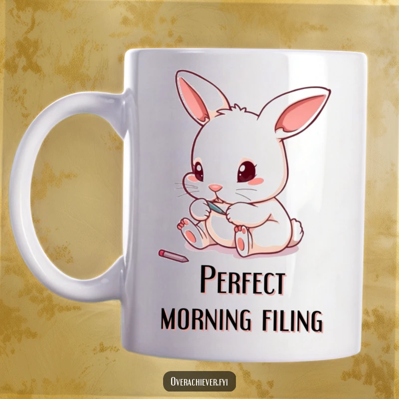 Funny tiny rabbit with a miniature file meticulously grooming its toenails on a coffee mug, showcasing quirky self-care.