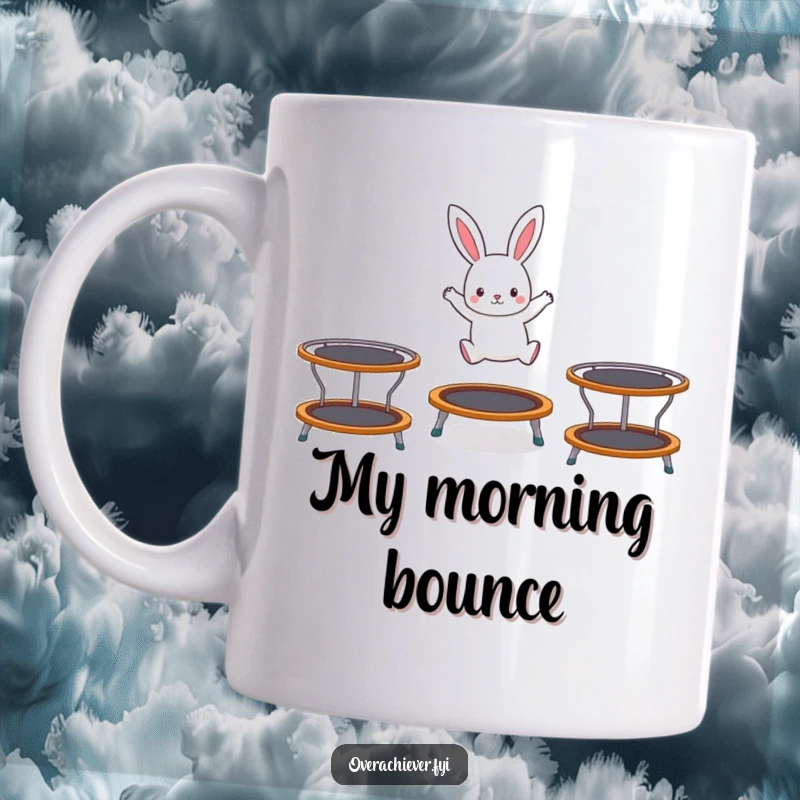 Funny mug showing a tiny rabbit character simultaneously hopping energetically on three different trampolines, radiating pure happiness.