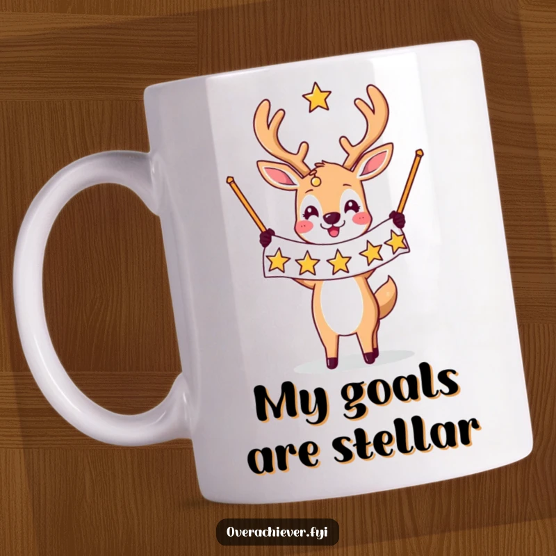 Funny mug art: A deer character joyfully holds a banner adorned with numerous sparkling stars, symbolizing triumph and achievement.