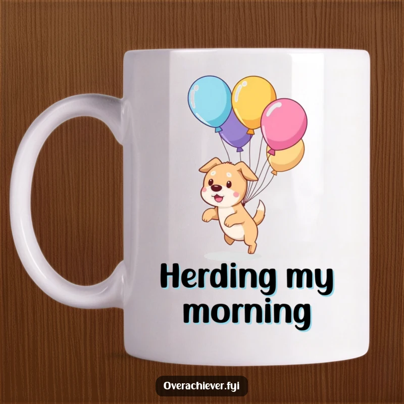 Funny cute dog character playfully herding a group of colorful, runaway balloons with determination on a mug, capturing canine energy.