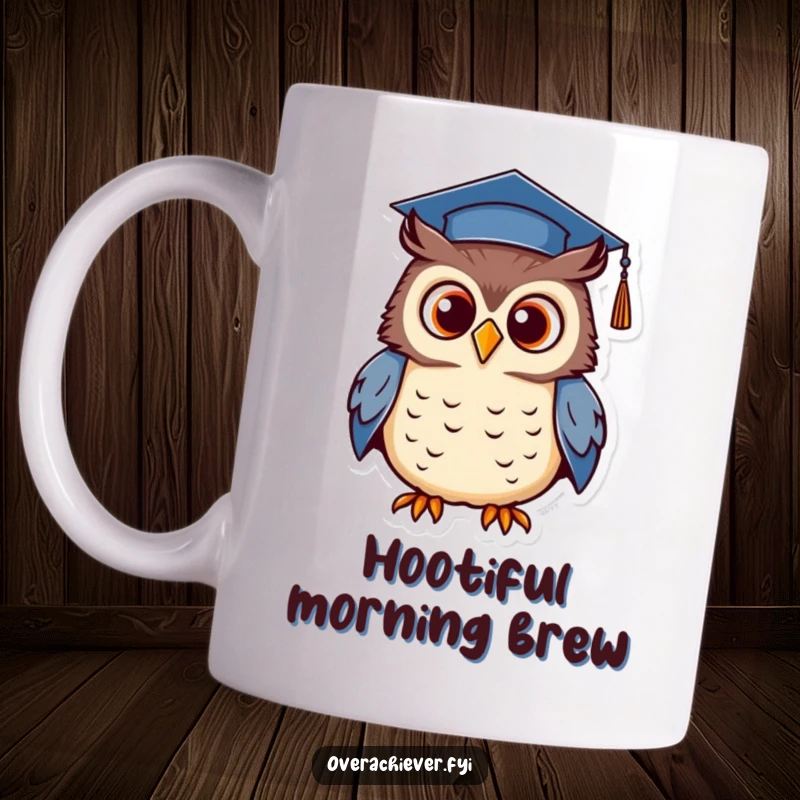 Funny mug featuring a determined owl wearing a tiny graduation cap, proudly hooting to celebrate academic achievement.