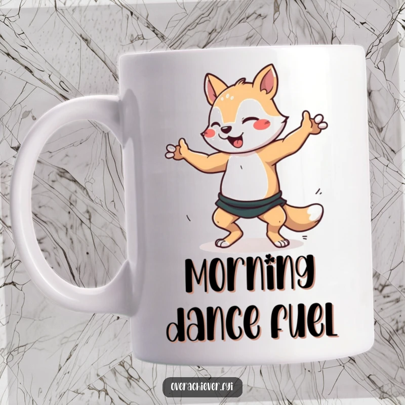 Funny dancer animal mug with a character furiously practicing a complex dance routine, showcasing intense dedication. Humorous performer's gift.