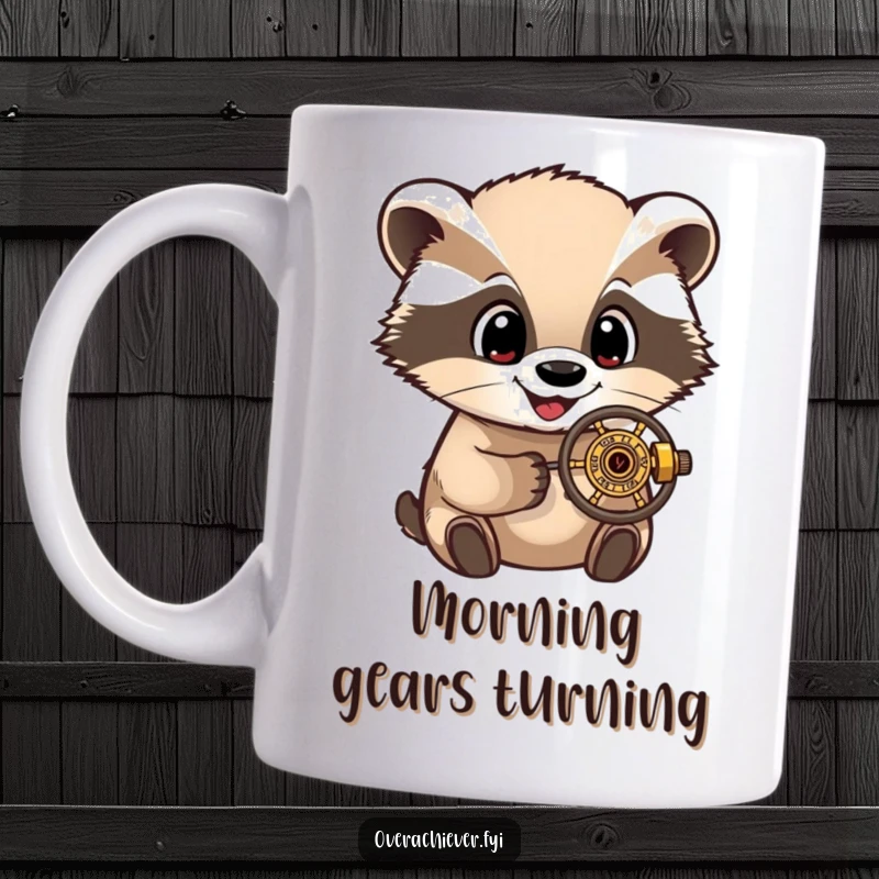 Funny Mug: A delighted badger character with wide eyes meticulously examining a very small, complex mechanical device.