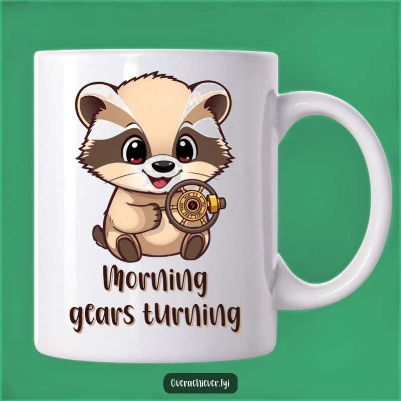 Funny Badger Mechanic's Mug: Wide-Eyed Wonder at Tiny Gears, Perfect Gift for Curious Minds