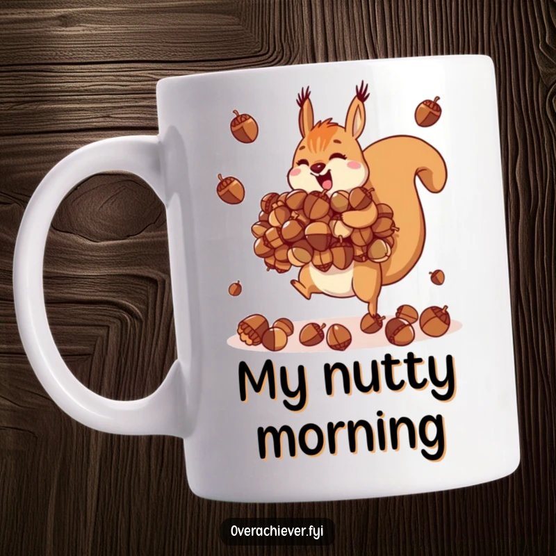 Funny motivated squirrel mug, expertly juggling an impossibly large pile of acorns with focus.