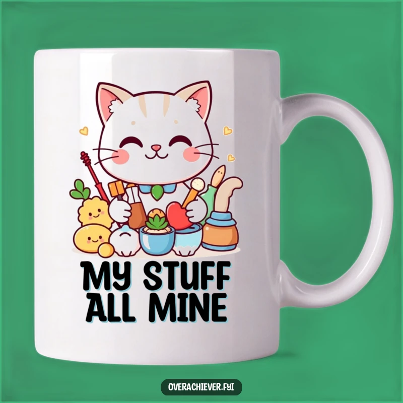 Funny Cat Organizer Mug: Proud Feline Admiring Tidy Treasures, Perfect Gift!