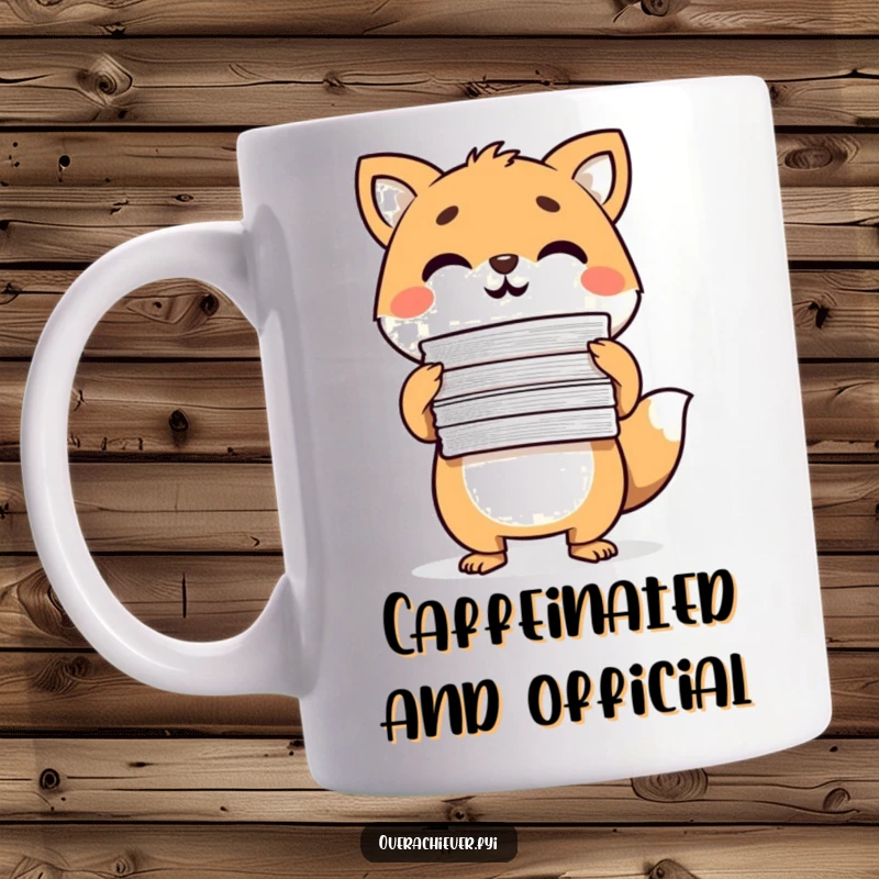 Funny Mug showing a determined animal character proudly holding a large stack of completed papers, celebrating productivity humor.