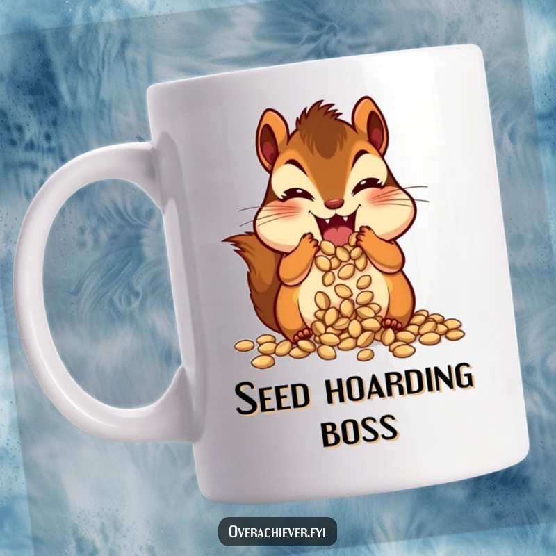Funny little chipmunk character with comically bulging cheeks, stuffing an absurd amount of seeds, a humorous mug.