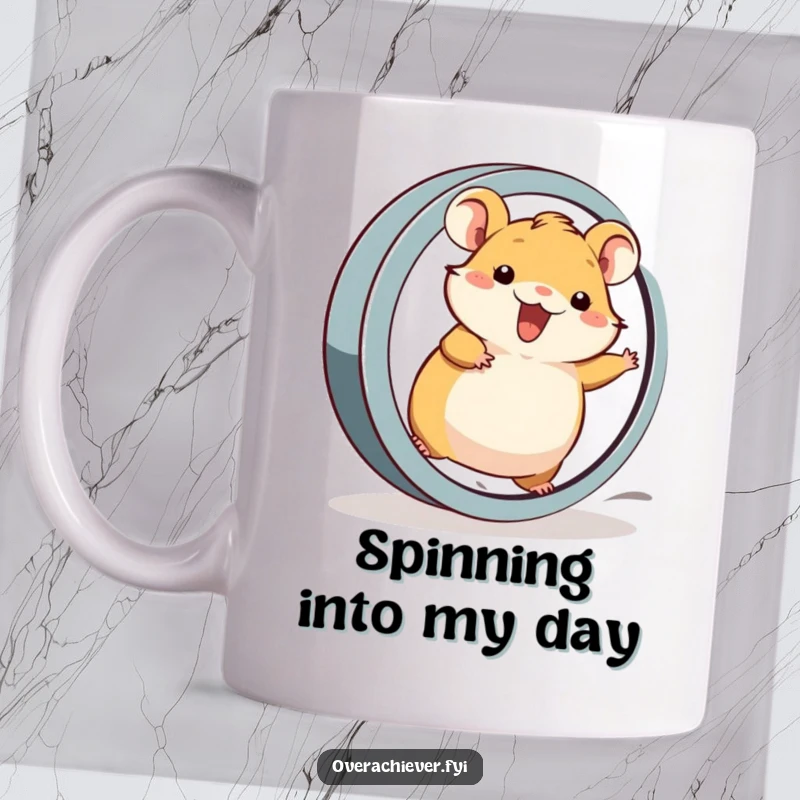 Funny Mug: A cheerful hamster character proudly running at top speed on an oversized exercise wheel.