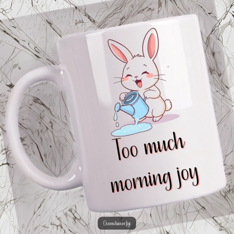 Funny energetic rabbit mug, exuberantly watering an overflowing tiny watering can with happy energy.