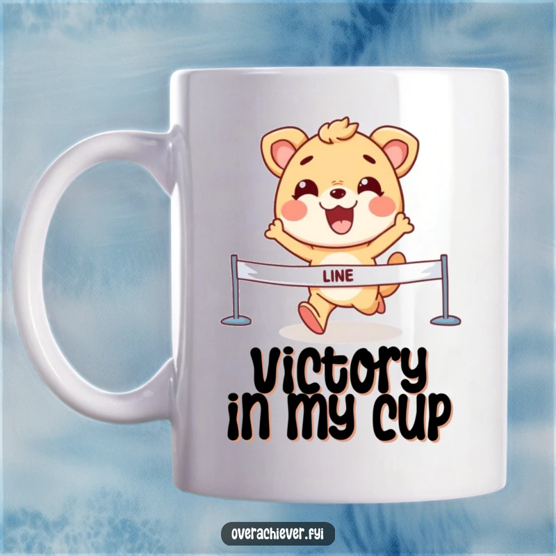 Funny Mug showing an animal character triumphantly crossing a finish line with a huge, determined grin, celebrating achievement humor.